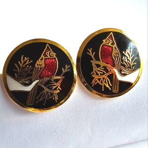 Vintage cardinal earrings gold enamel red bird round Winter black white
